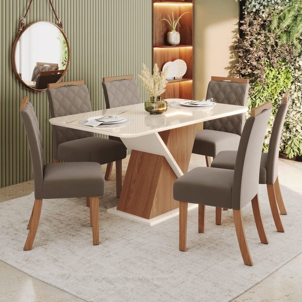 Sala de Jantar Mesa 160 com Canto Arredondado com Vidro 6 Cadeiras Carla Espresso Móveis Marrom/Off White/Marrom Amêndoa