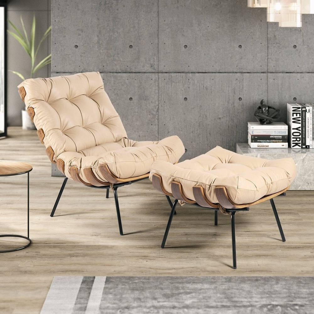 Kit Poltrona Decorativa em Costela e Puff Couro Bege