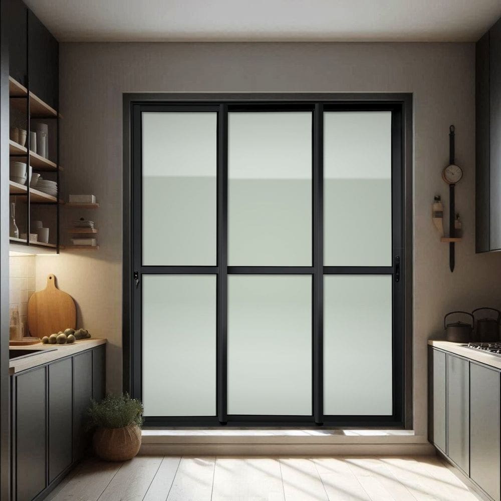 Porta de Correr 3 Folhas Moveis Sequenciais 210 X 120 Elite com Fechadura Tetra Vidro Liso Preto