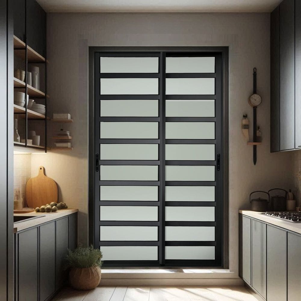 Porta de Correr com Travessas 2 Folhas Moveis 210 X 120 Elite com Fecho Automático Vidro Liso Preto