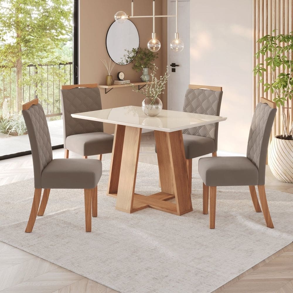 Sala de Jantar Hebe Mesa 120 Cm Canto Reto com Vidro 4 Cadeiras Espresso Móveis Marrom/Off White/Marrom Amêndoa