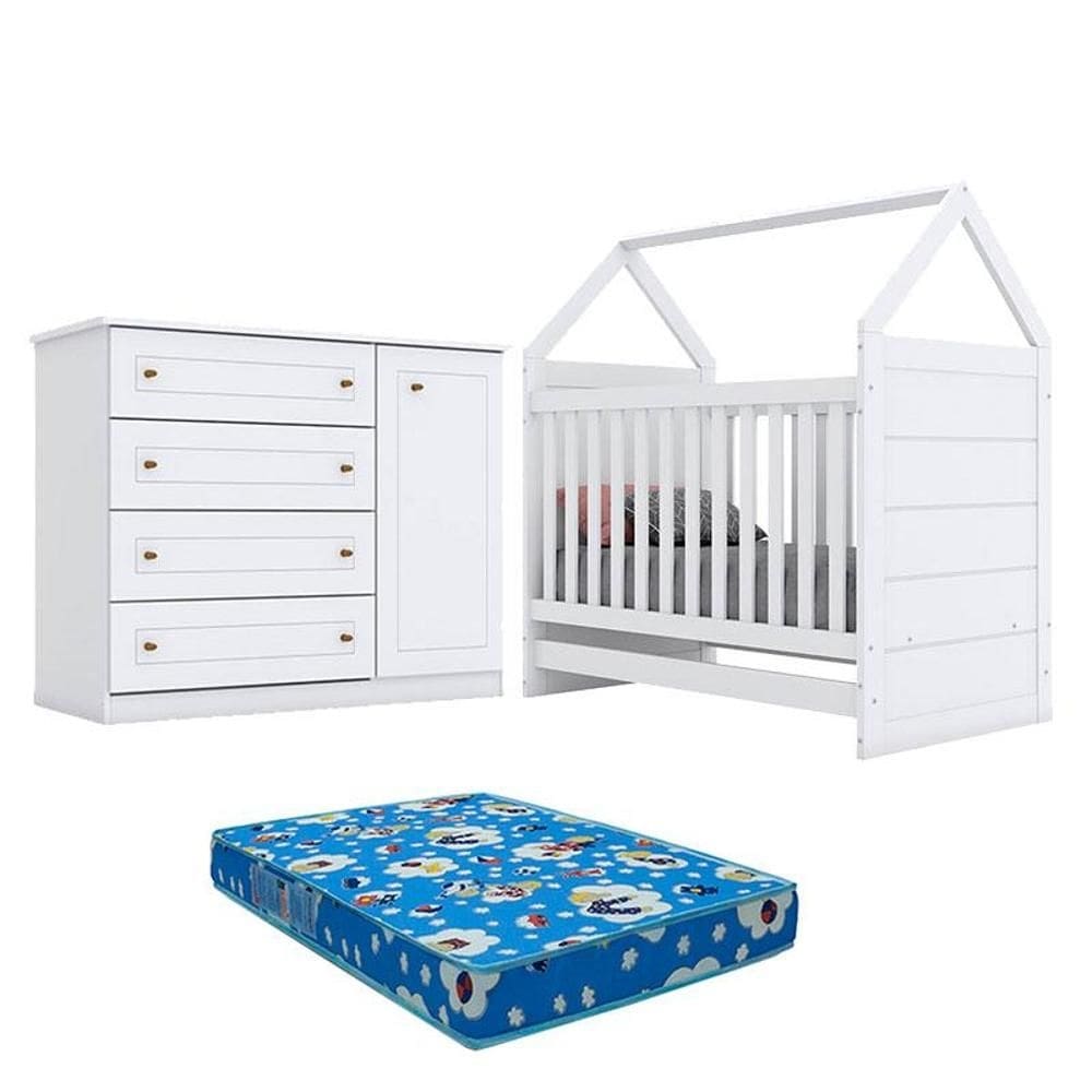 Berço Montessoriano e Cômoda Infantil Americano Branco com Colchão Ortobom – Henn