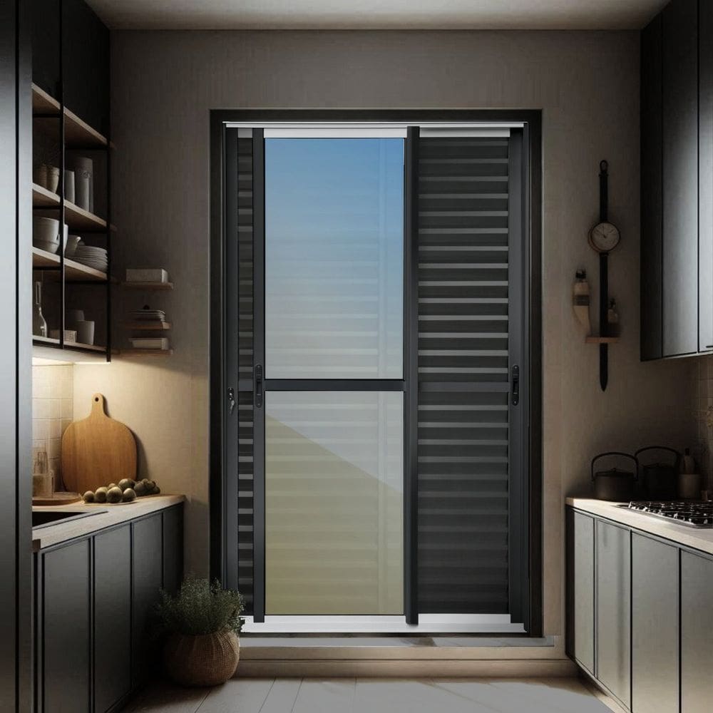 Porta de Correr Venez. 3 Folhas Moveis 210 X 200 Elite com Fechadura Tetra Vidro Reflex Mix Preto