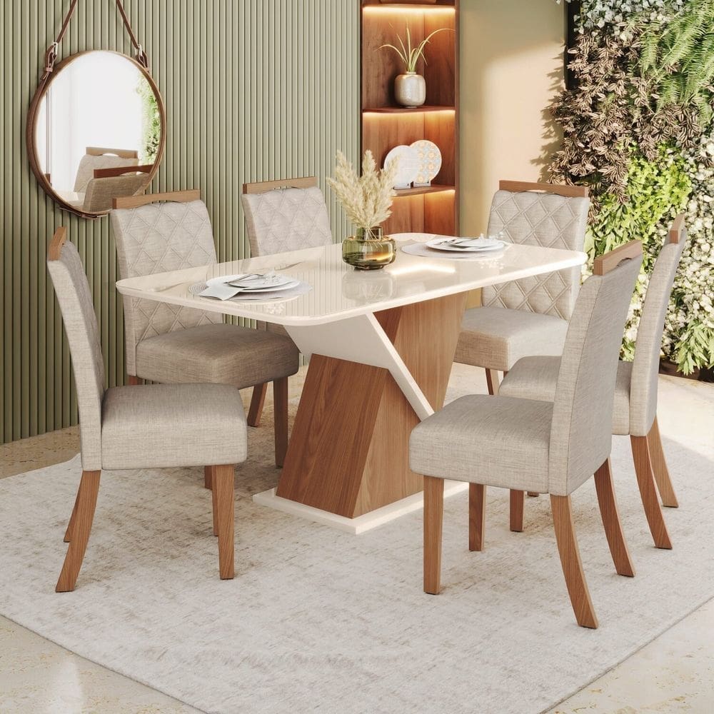 Sala de Jantar Mesa 160 com Canto Arredondado com Vidro 6 Cadeiras Carla Espresso Móveis Marrom/Off White