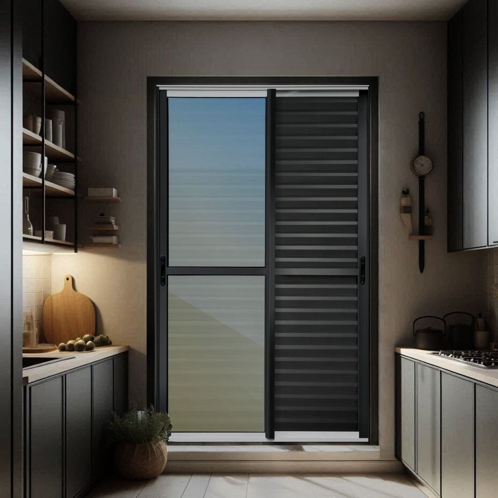 Porta de Correr Venez. 3 Folhas Moveis 210 X 120 Elite com Fecho Automático Vidro Reflex Mix Preto