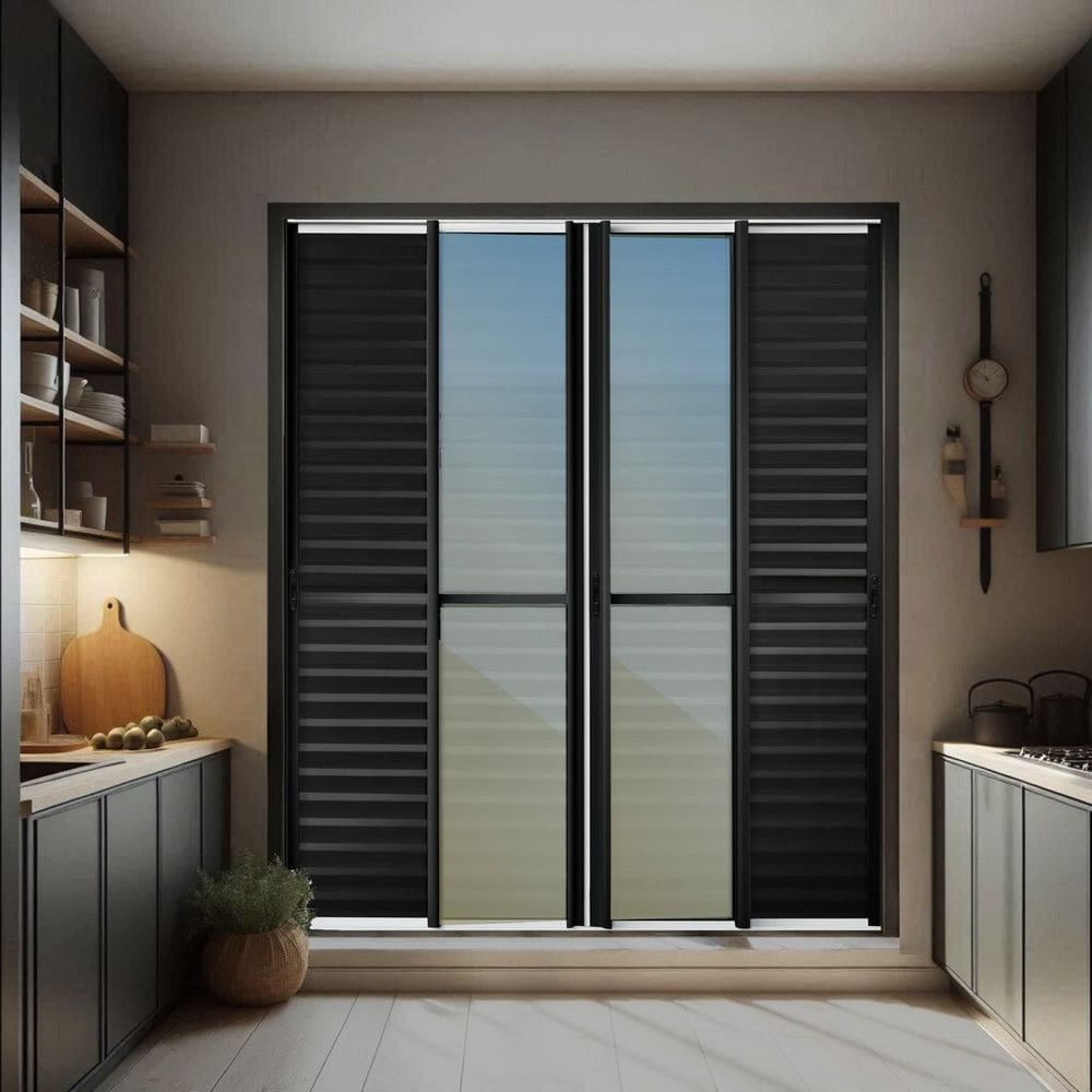 Porta de Correr Venez. 6 Folhas Moveis 210 X 200 Elite com Fecho Automático Vidro Reflex Mix Preto