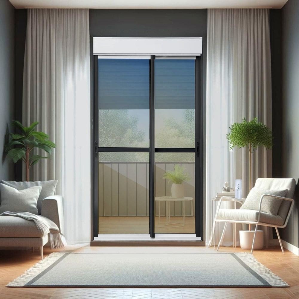Porta de Correr com Persiana Integrada 2 Folhas Móveis 230 X 200 Elite com Fecho Automático Vidro Re Mix Preto