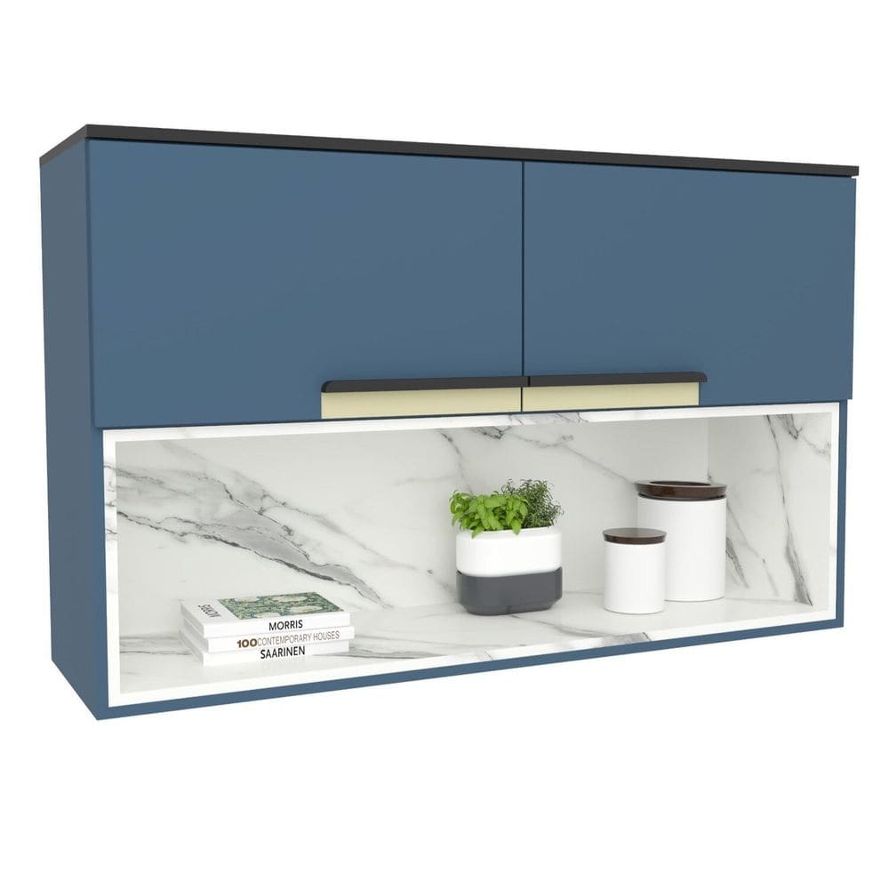 Armário Aéreo 120cm 2 Portas 1 Nicho Cozinha Flórida Azul Órion / Calacatta