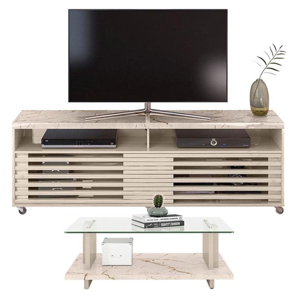 Rack Bancada com Mesa de Centro Frizz Cross Calacata Off White – Madetec