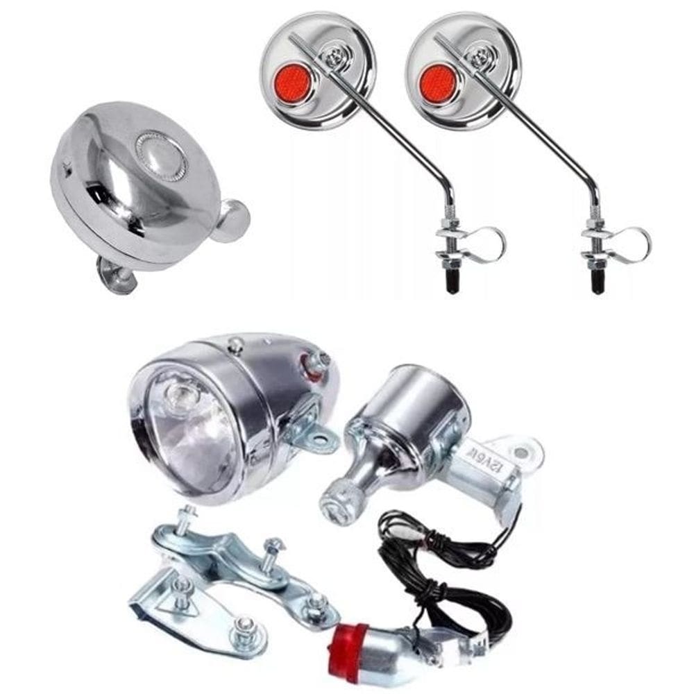 Kit retrô bicicleta vintage espelhos farol dínamo campainha