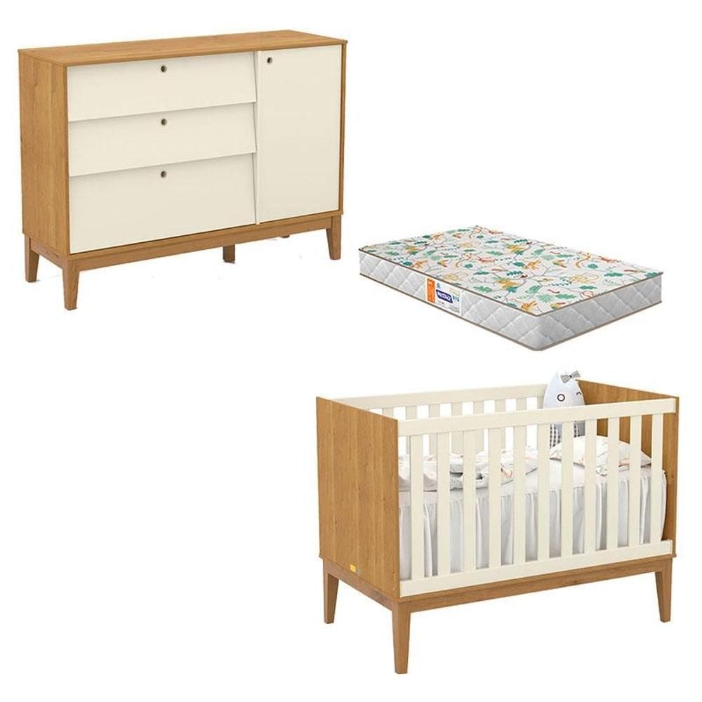 Berço Americano e Cômoda Sapateira Unique Freijó Off White Eco Wood com Colchão Gazin - Matic