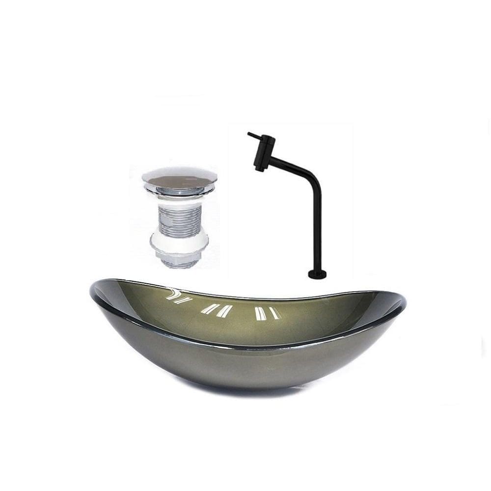 Cuba vidro oval 47cm ouro velho + valvula + torneira preta