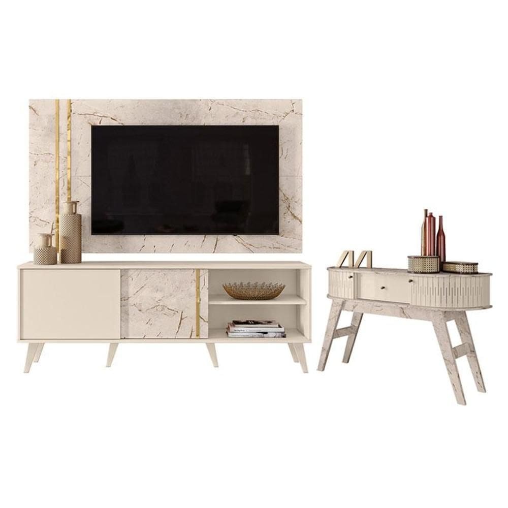 Rack Bancada e Painel para TV Cronos com Aparador Estoril Calacata Off White – Madetec