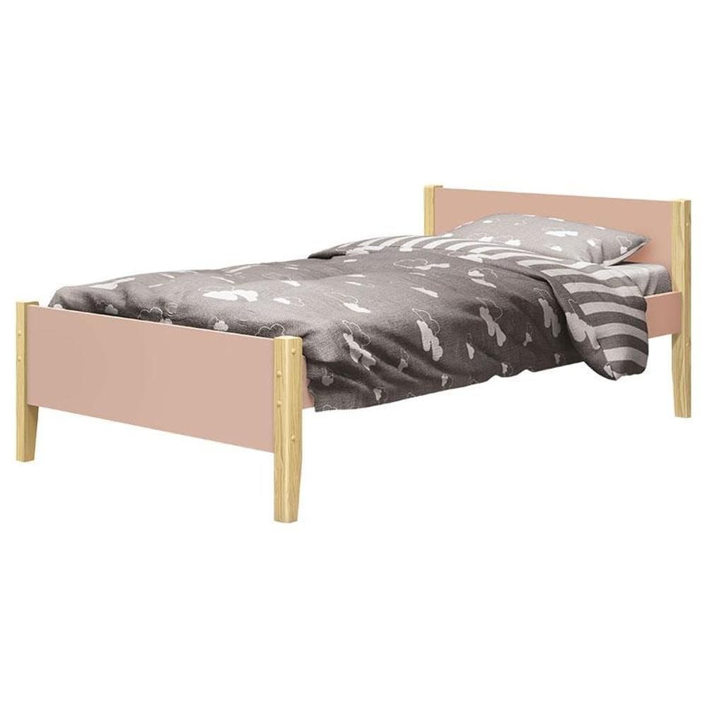 Cama Solteiro Simba Rosa Acetinado com Pés Natural – Reller