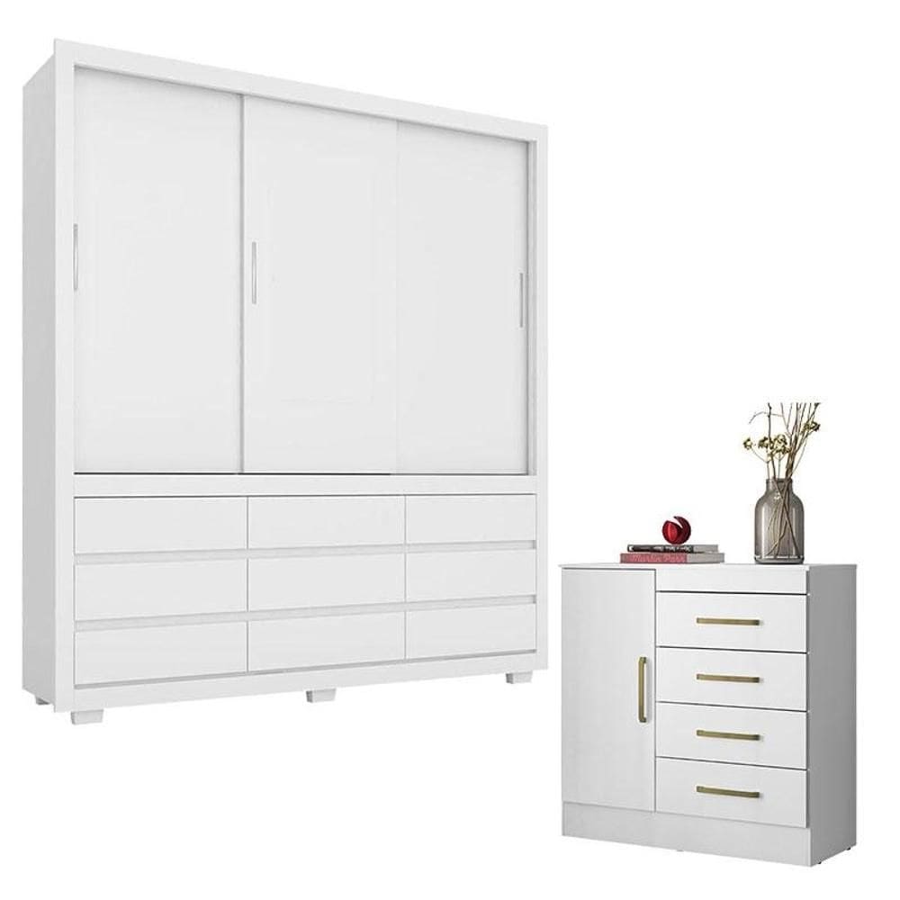 Cômoda Montevidéu e Guarda Roupa Casal Detroit Branco - Demóbile