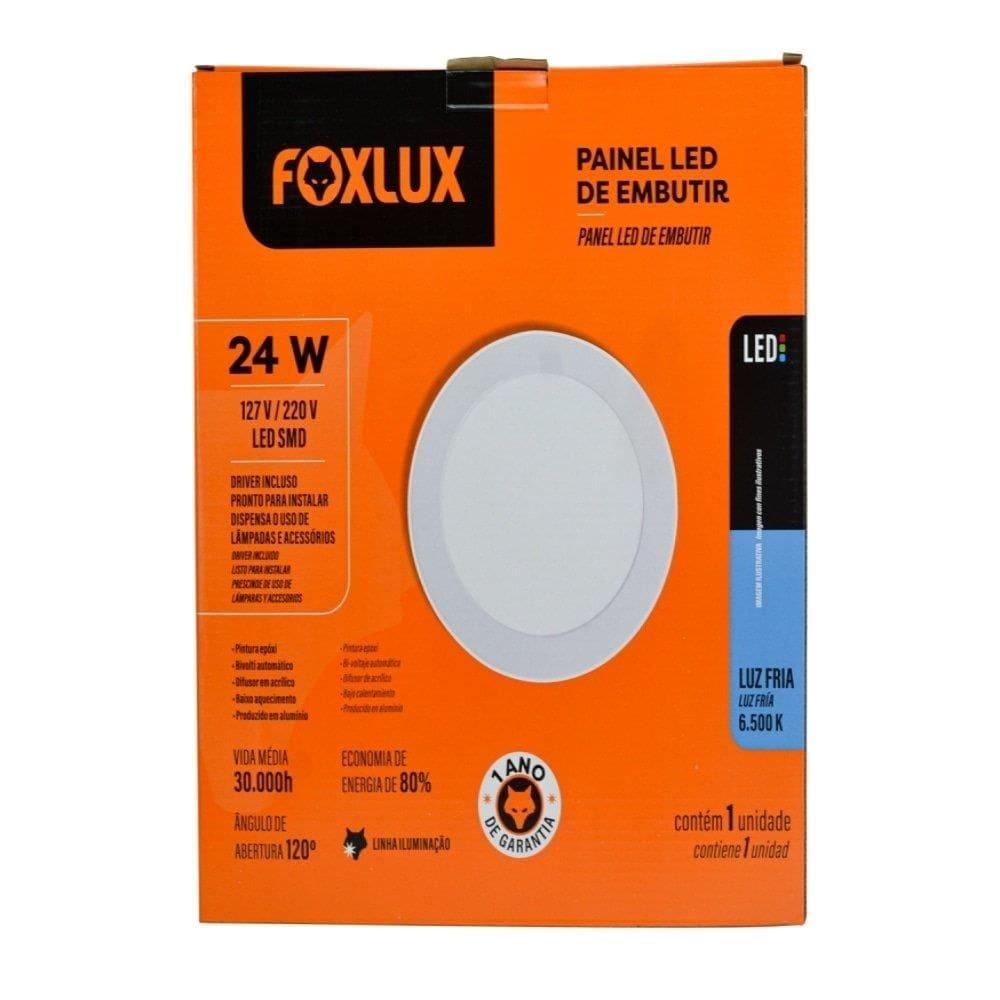 Plafon Painel Foxlux Led 30cm Redondo Embutir 24W 6,5K
