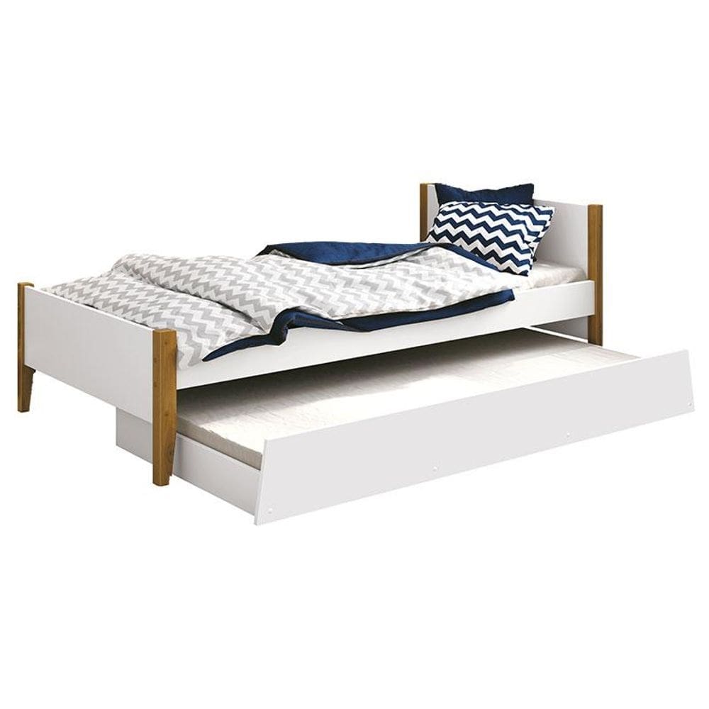 Cama Solteiro com Auxiliar Simba Branco Acetinado com Pés Madeira – Reller