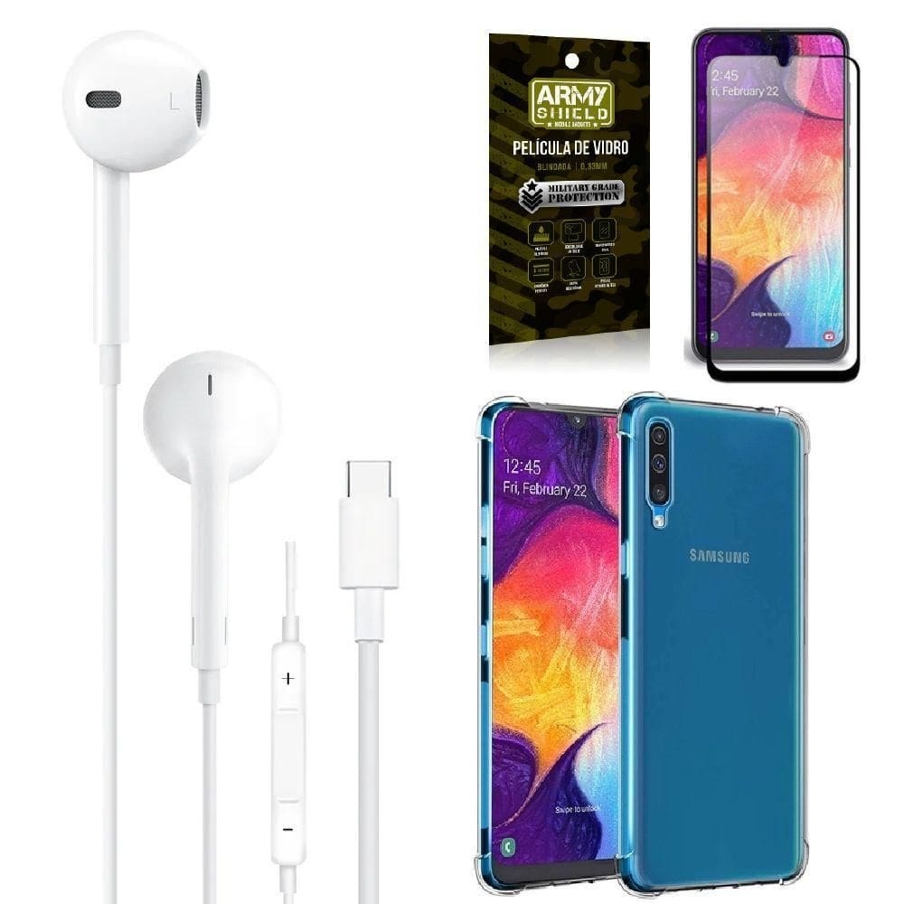 Capa samsung a50 + fone de ouvido tipo c + película 3d