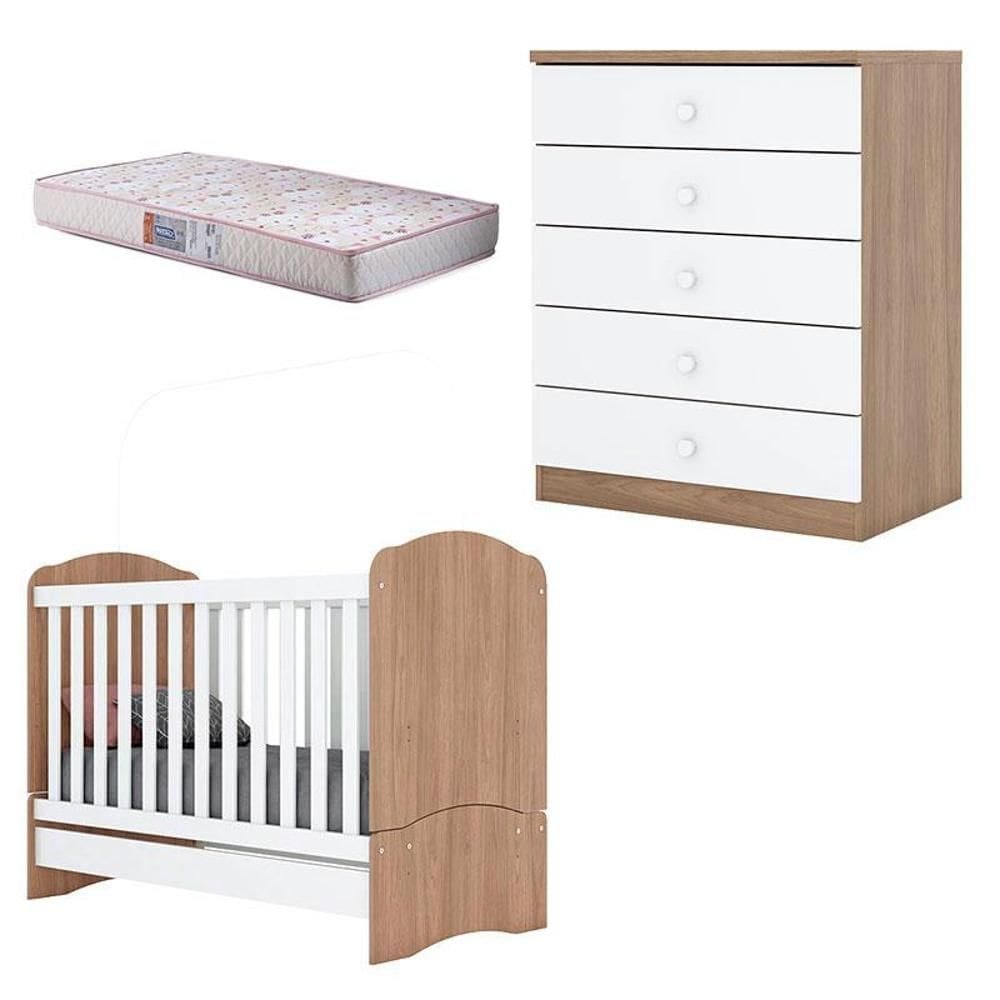 Berço Nacional Bala de Menta e Cômoda Infantil Pique-Esconde Rústico Branco com Colchão Gazin – Henn