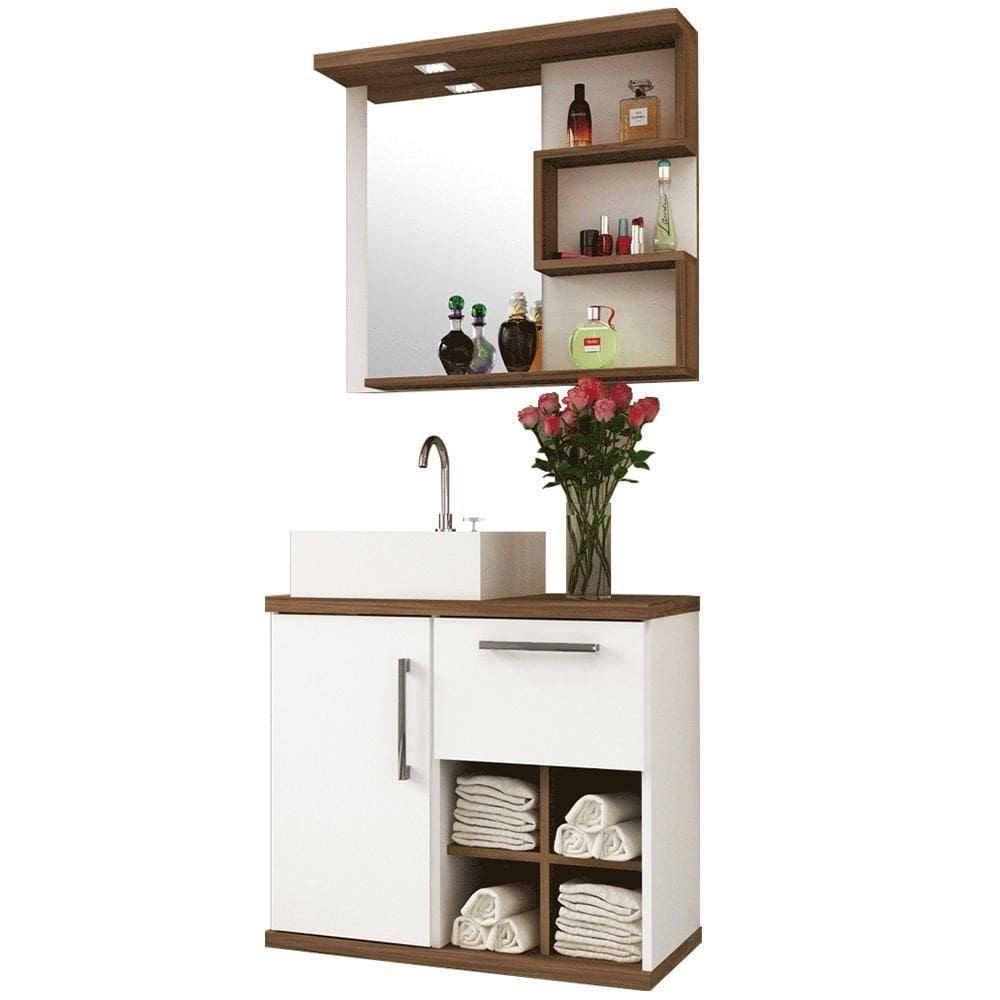 Kit Banheiro Gabinete Suspenso 70Cm B06 Branco Nogal