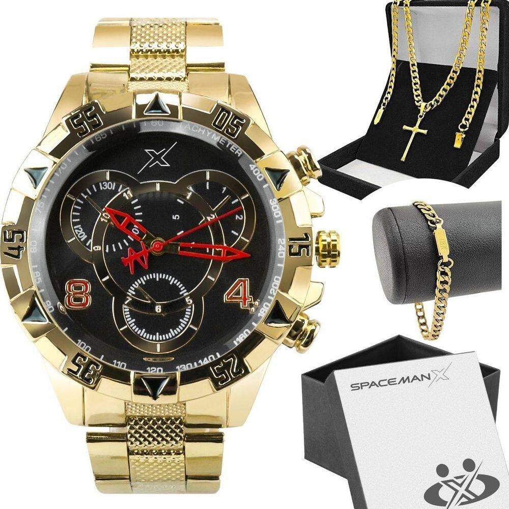 Relogio Masculino Aço Dourado Caixa Pulseira Analogico