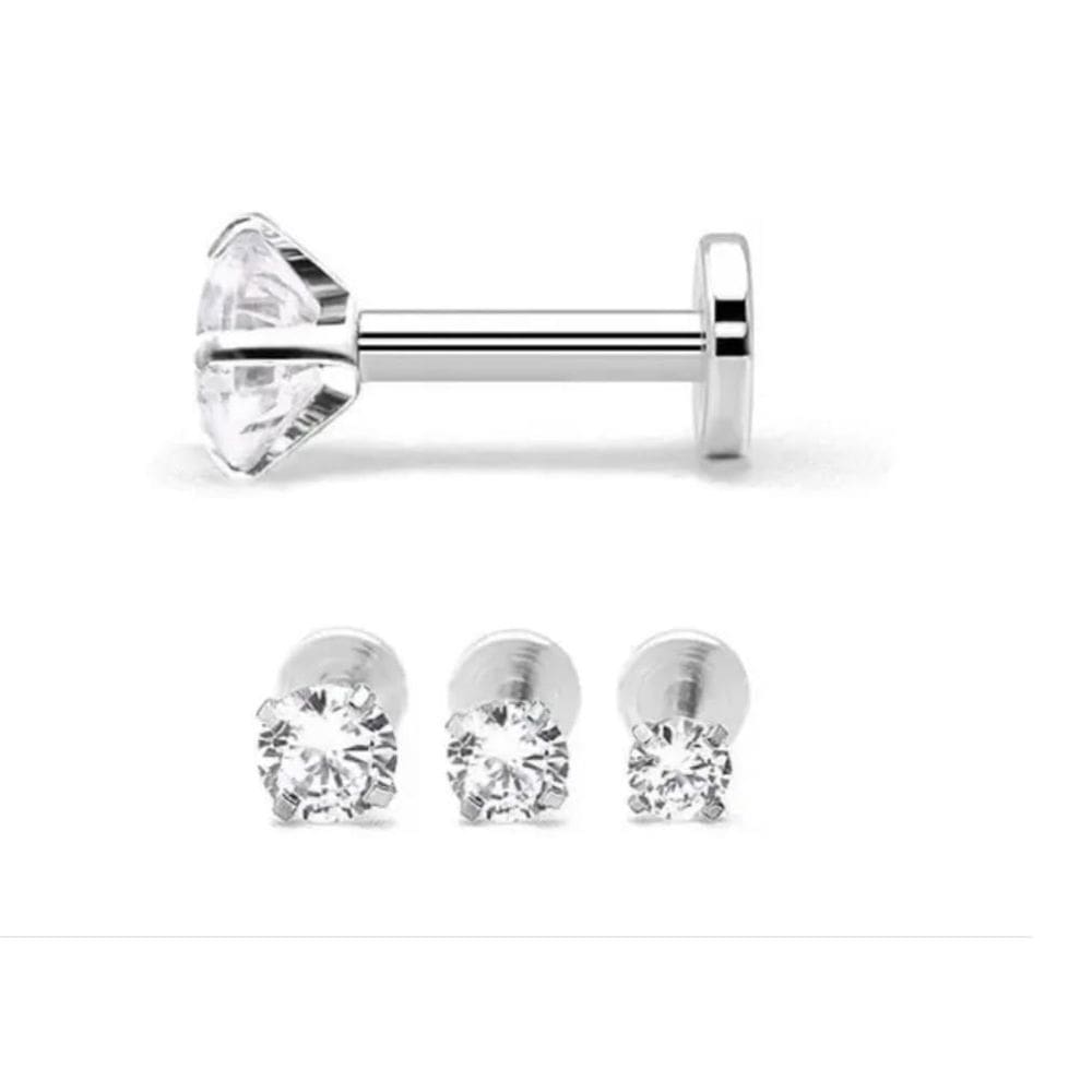 Piercing tragus labret 3mm zirconia haste de 6mm ponto luz