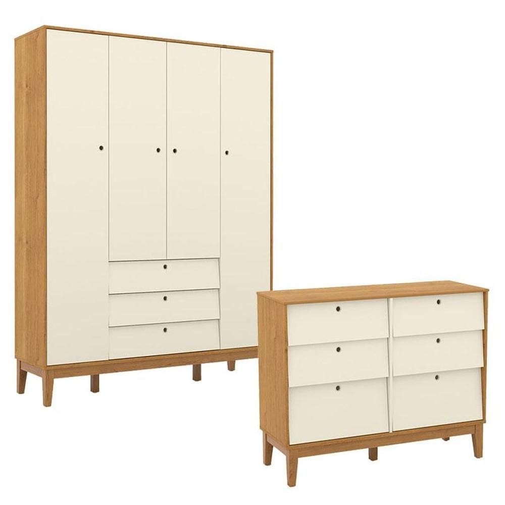 Cômoda 6 Gavetas e Guarda Roupa Unique 4 Portas Freijó Off White Eco Wood - Matic
