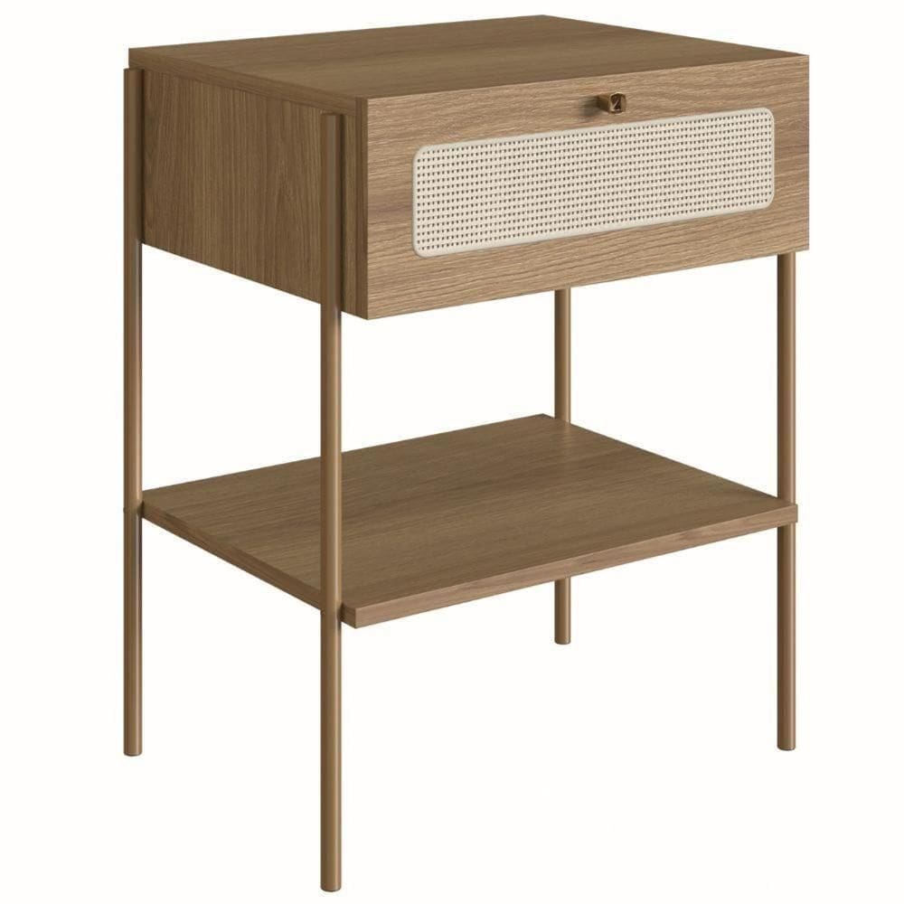 Mesa De Cabeceira Oslo Artesano 48 Cm (Largura) Em Mdp Palha Natural Uma Gaveta Base Metal