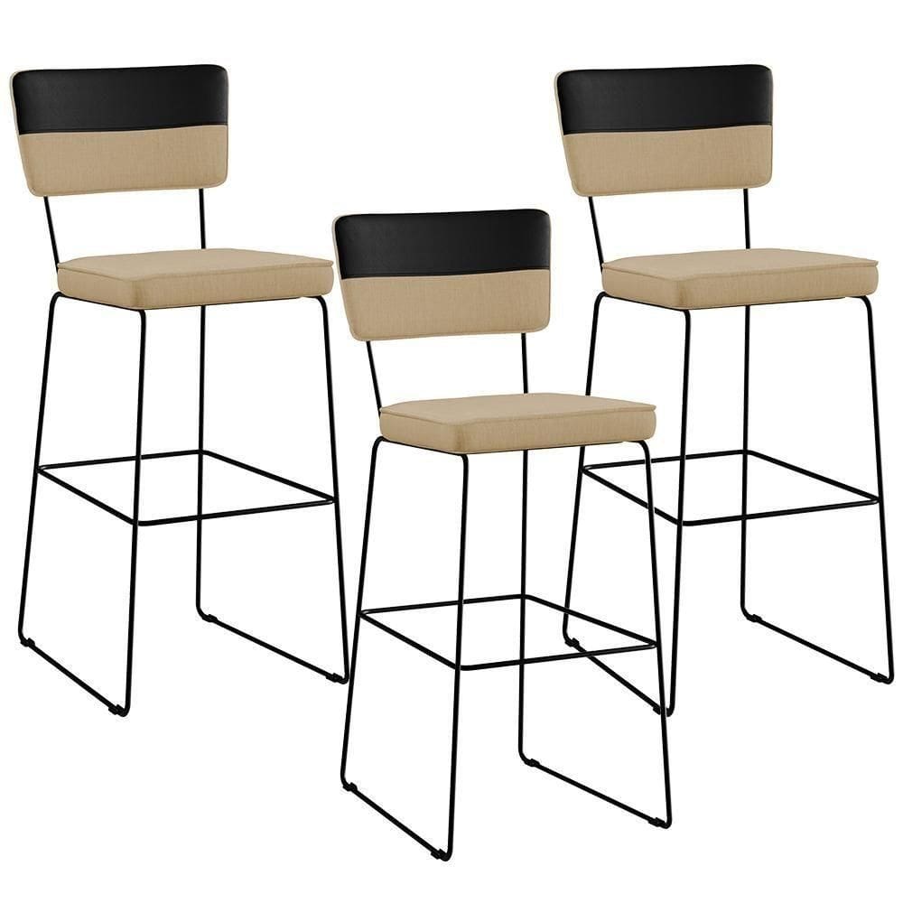 Kit 03 Banquetas Altas Faixa Corano Preto Linho Bege Escuro