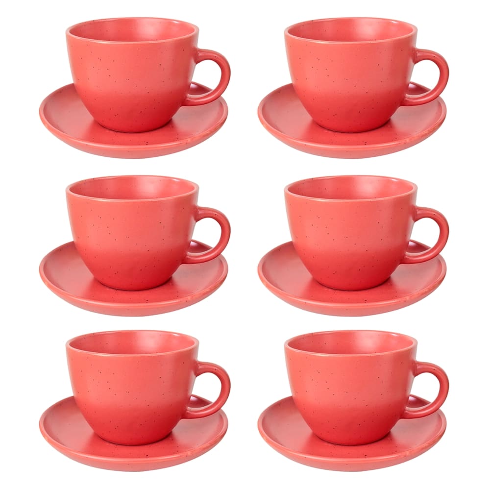 Jogo de Xícaras Cerâmica Vermelha Fosco Com Pires 12 Pçs 210ml