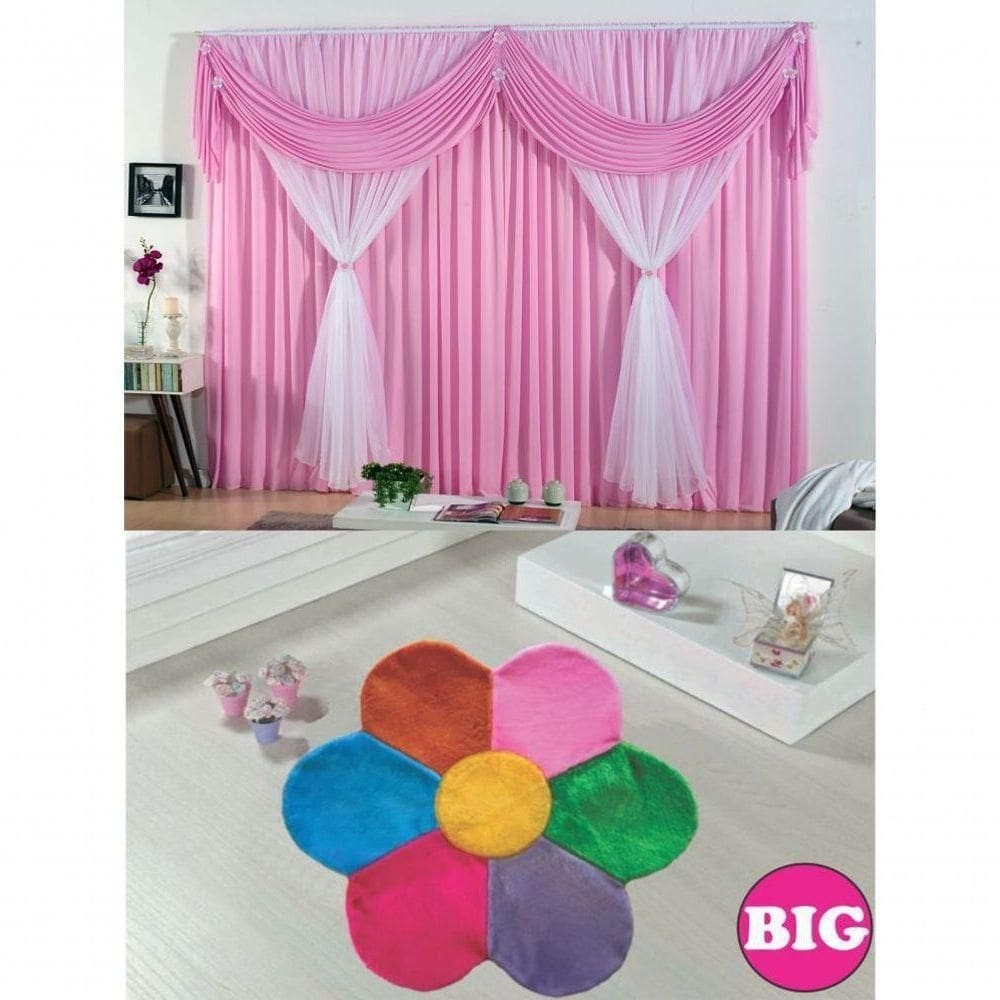 Kit Decoração P/ Quarto De Menina = Cortina Malha Jéssica + Tapete Pelucia Big Margarida - Rosa