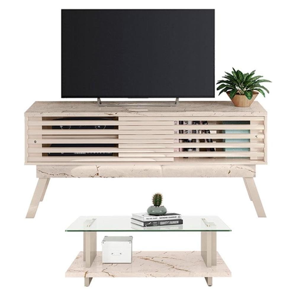 Rack Bancada com Mesa de Centro Frizz 1.5 Calacata Off White – Madetec