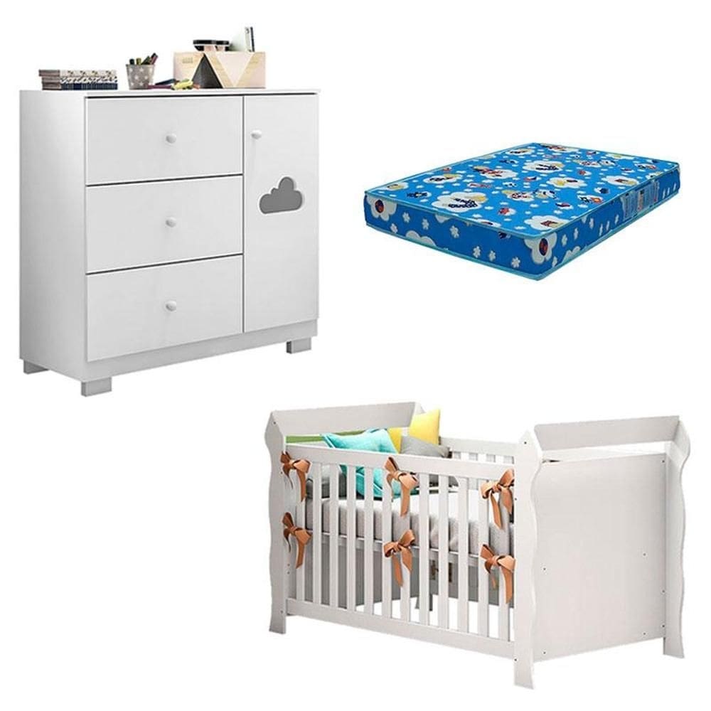 Berço Americano Lara e Cômoda Infantil Ane Branco Brilho com Colchão Ortobom – Phoenix Baby