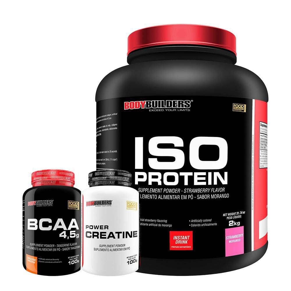 Kit iso protein 2kg morango + creatina + bcaa - bodybuilders