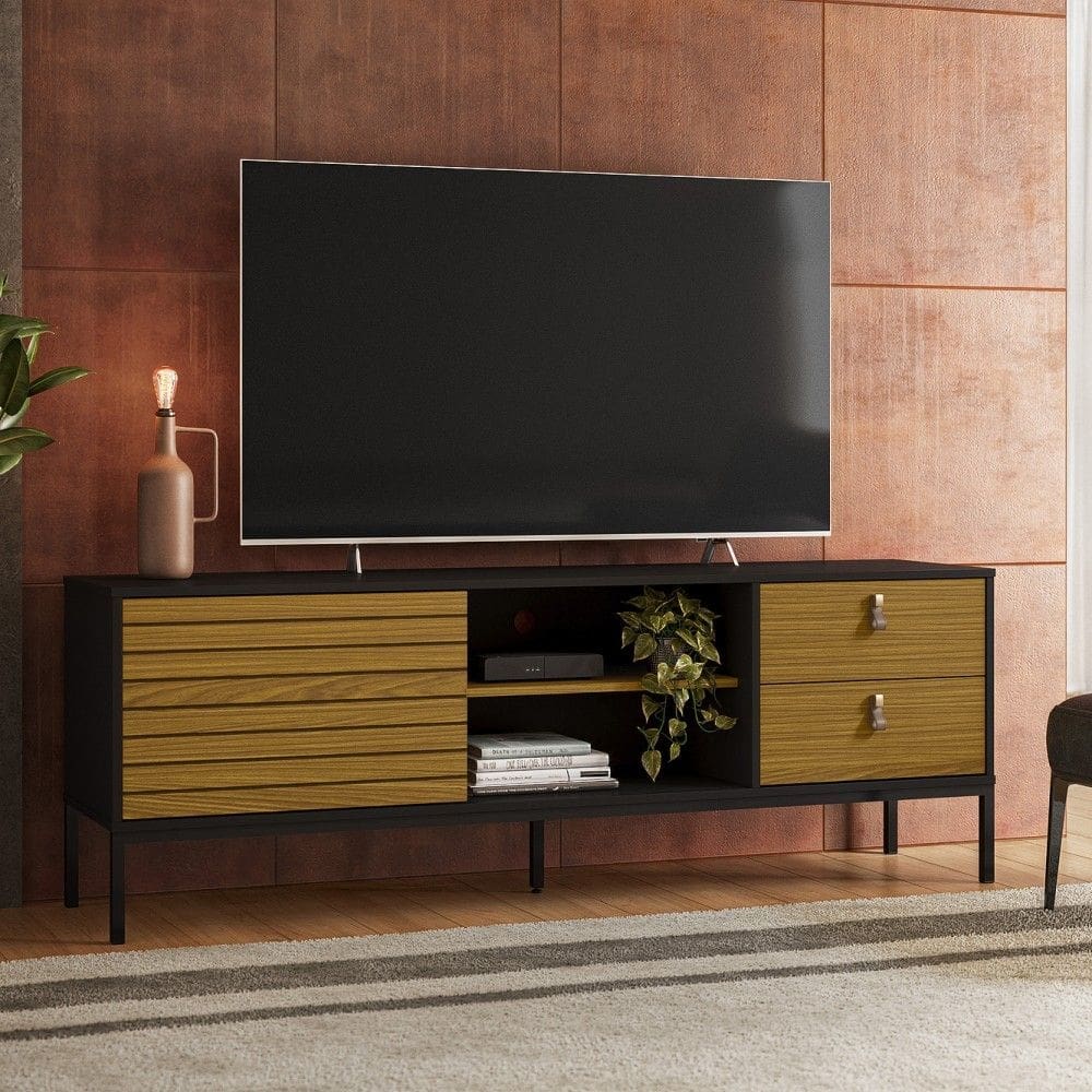 Rack Industrial Frizado Dior P/Tvs até 65 Polegadas 162cm 2 Gavetas Preto/ Cedro - Olivar Móveis