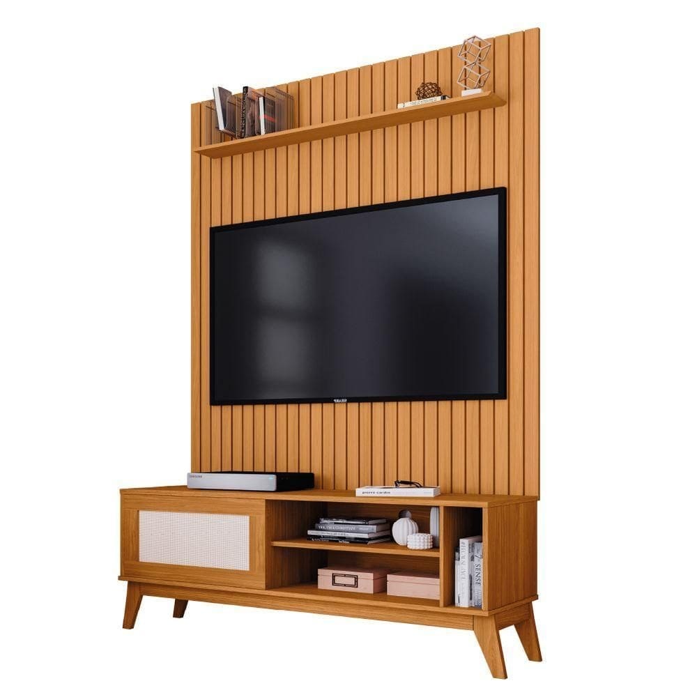 Rack Bancada Caribe Com Painel Ripado Para Tv Até 55 Polegadas Mega Cedro Edn Cedro