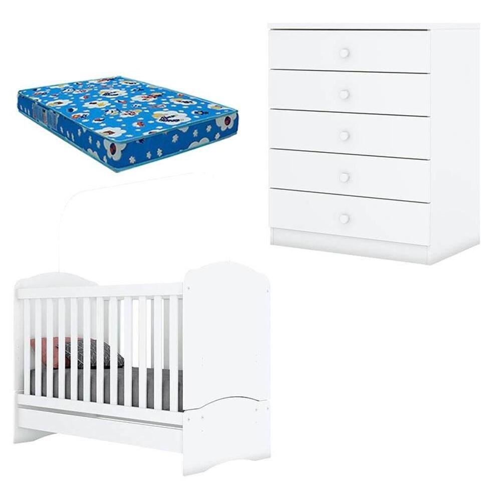 Berço Nacional Bala de Menta e Cômoda Infantil Pique-Esconde Branco com Colchão Ortobom – Henn