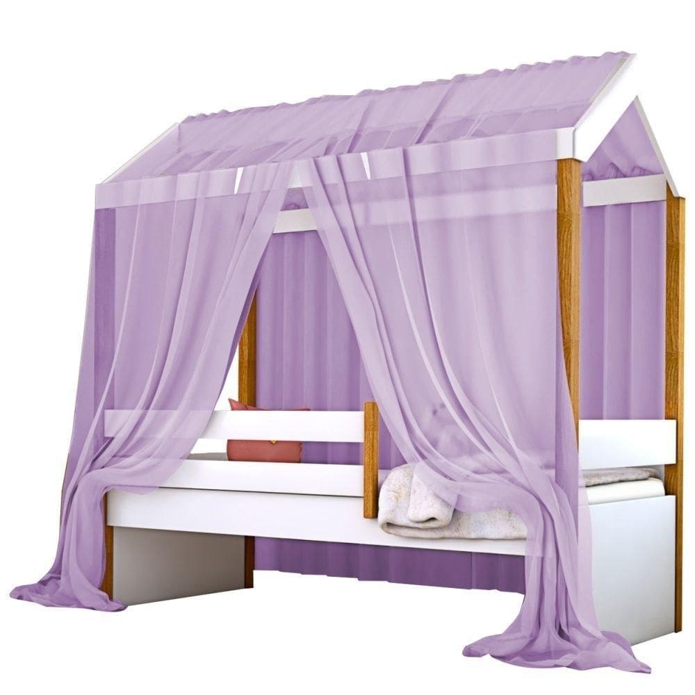 Cama Montessori Cabana Solteiro Com Colchão E Dossel Lilás