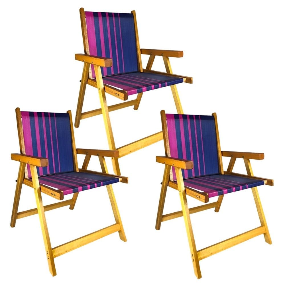 Kit 3 Cadeira De Madeira Dobrável Para Lazer Jardim Praia Piscina Camping Rosa/Marinho - AMZ