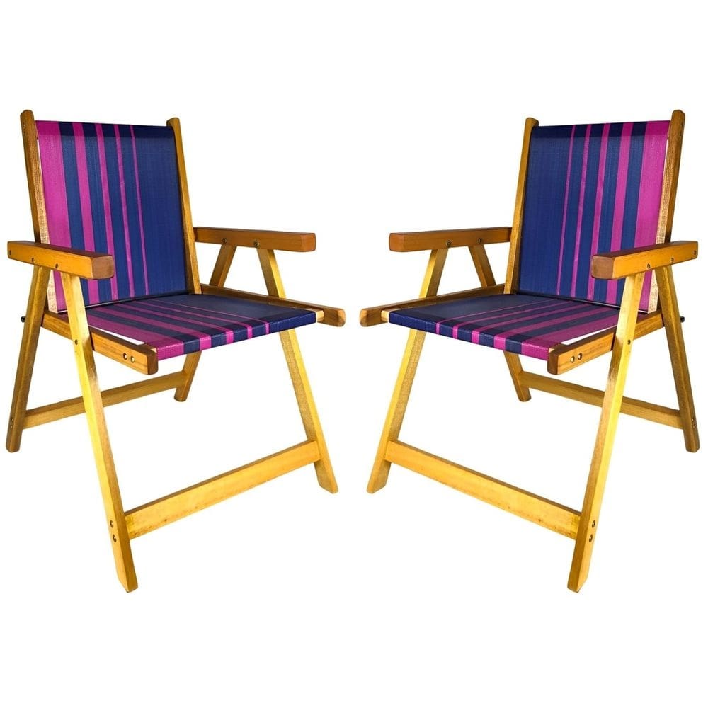 Kit 2 Cadeira De Madeira Dobrável Para Lazer Jardim Praia Piscina Camping Rosa/Marinho - AMZ
