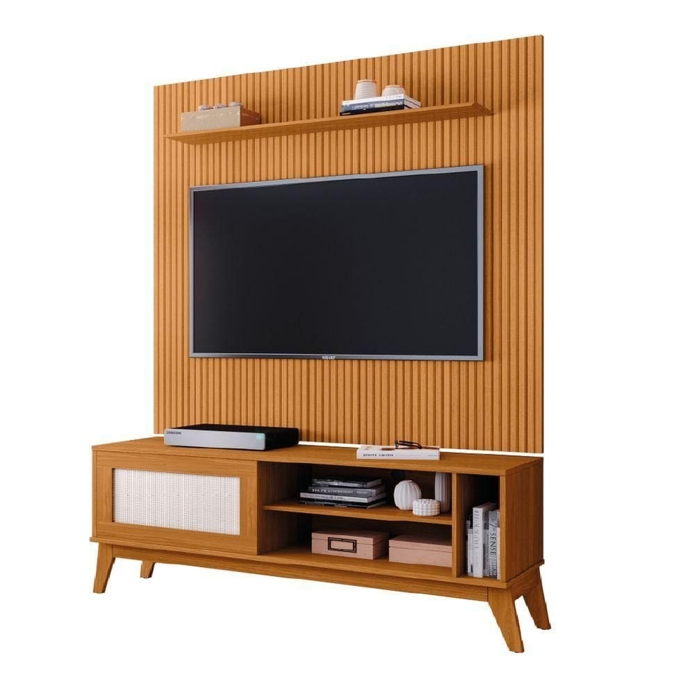 Rack Bancada Caribe Com Painel Para Tv Até 55 Polegadas Avante Cedro Ripado Impressão 3d Edn Cedro