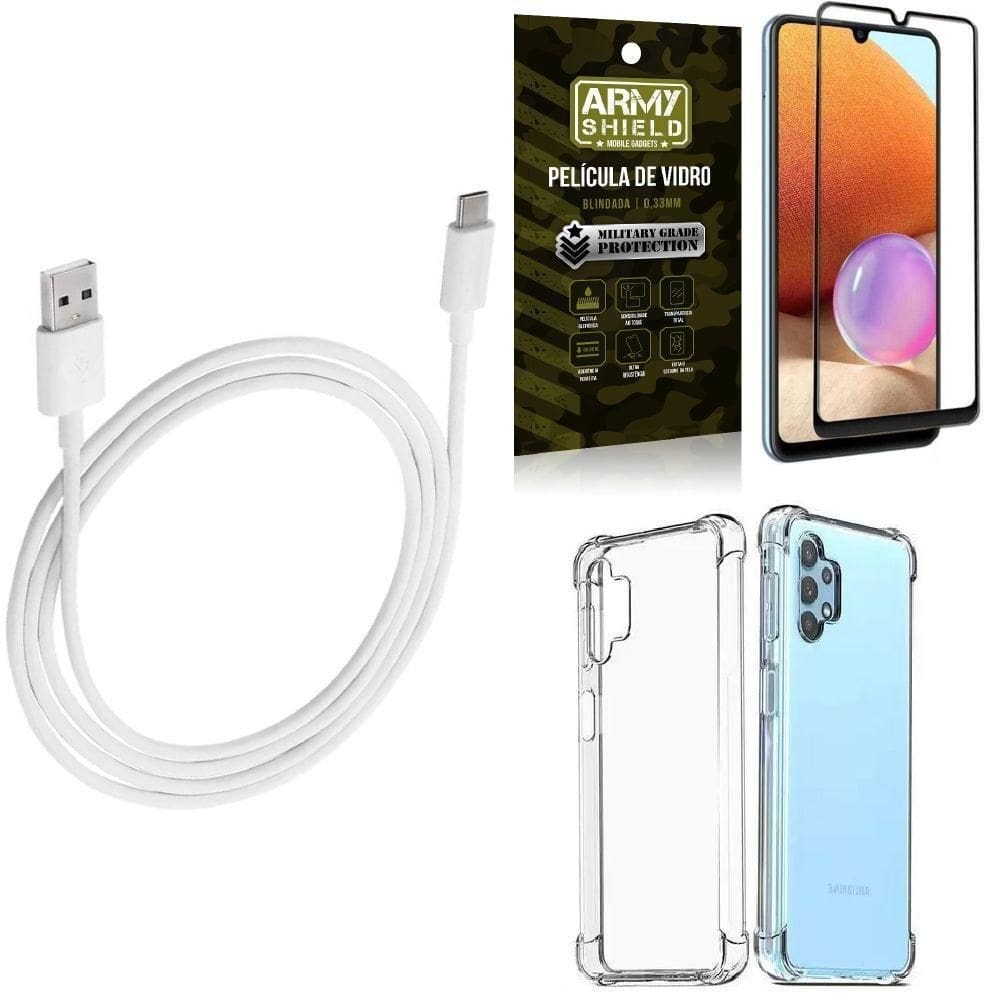 Capinha samsung a32 4g + cabo usb tipo c 2m + película 3d