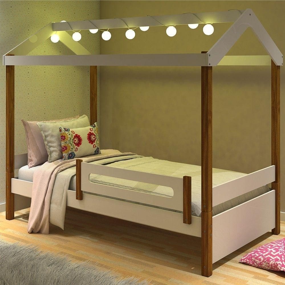 Cama Com Fio De Luz Montessori Cabana Branco Mel