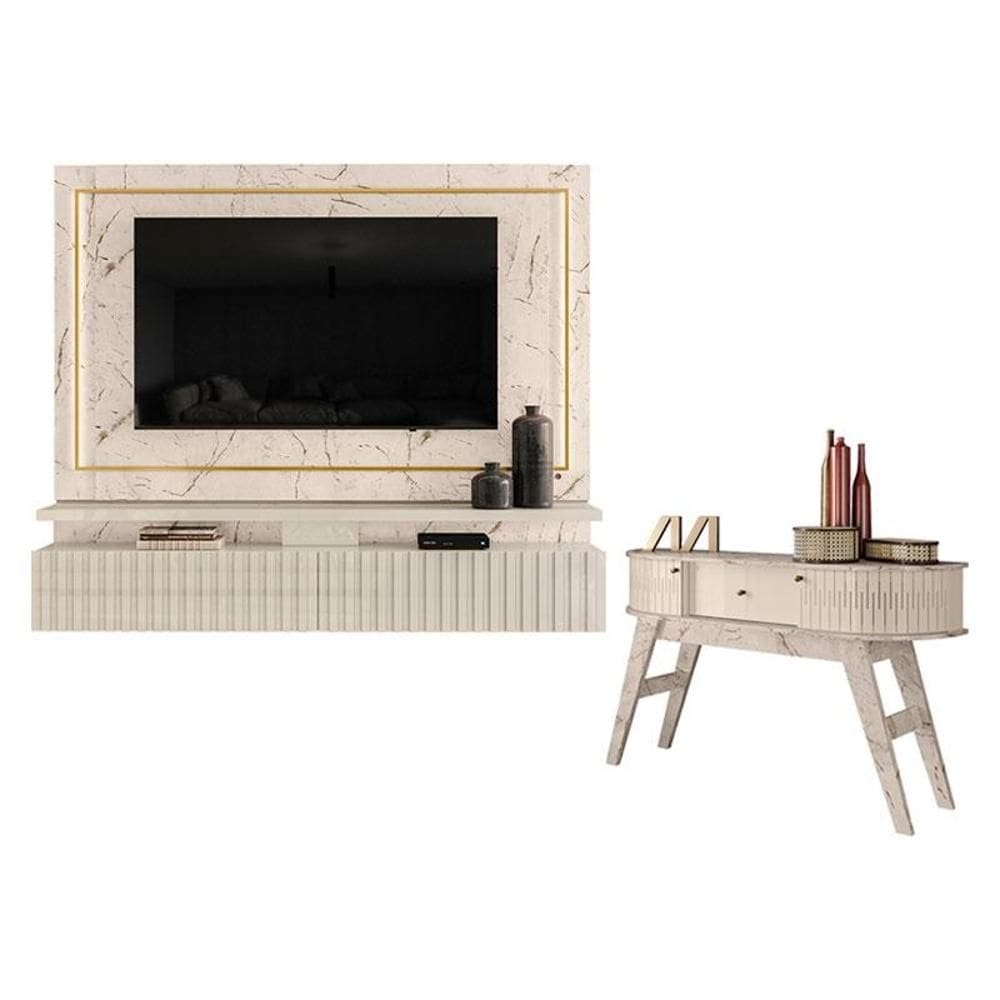 Estante Home Theater Suspenso Gaia com Aparador Estoril Calacata Off White – Madetec