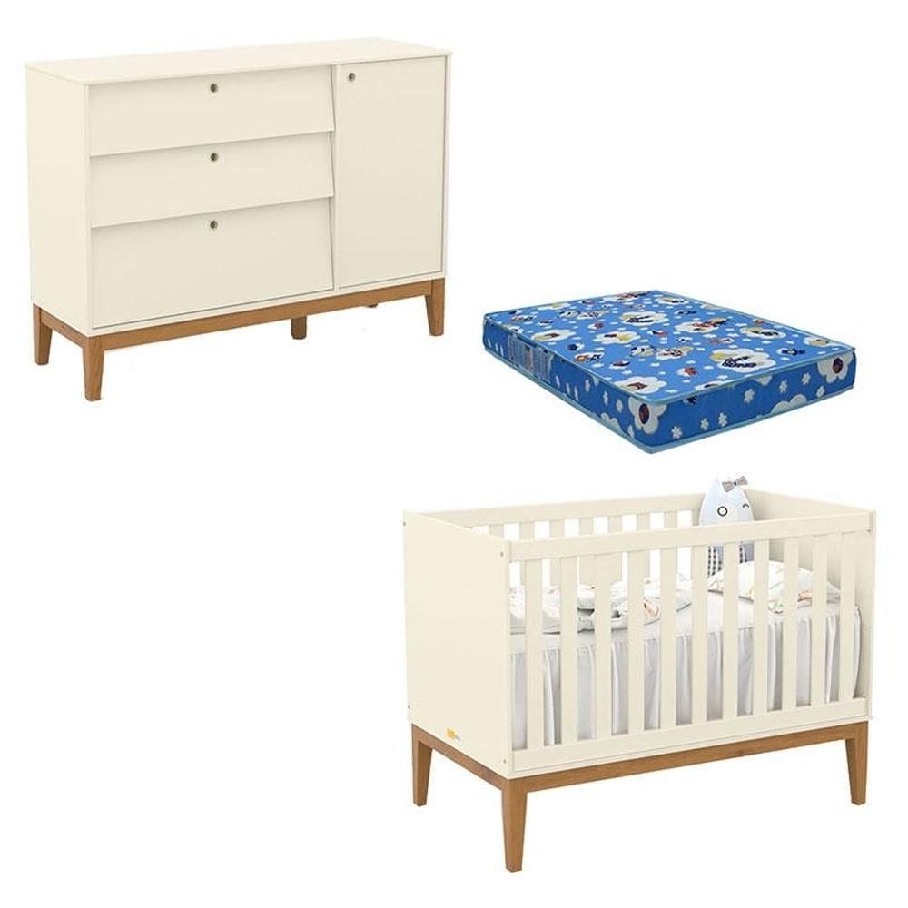Berço Americano e Cômoda Sapateira Unique Off White Eco Wood com Colchão Ortobom - Matic