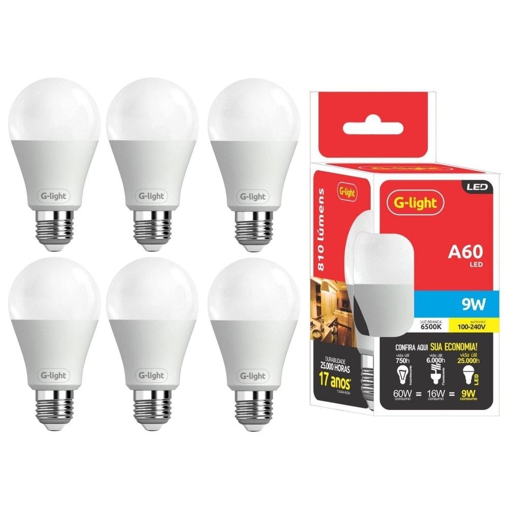 Kit 6 lâmpadas led bulbo 6500k 9w 810 lumens iluminação