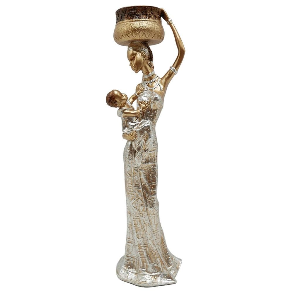 Africana com criança e cesta escultura 30cm