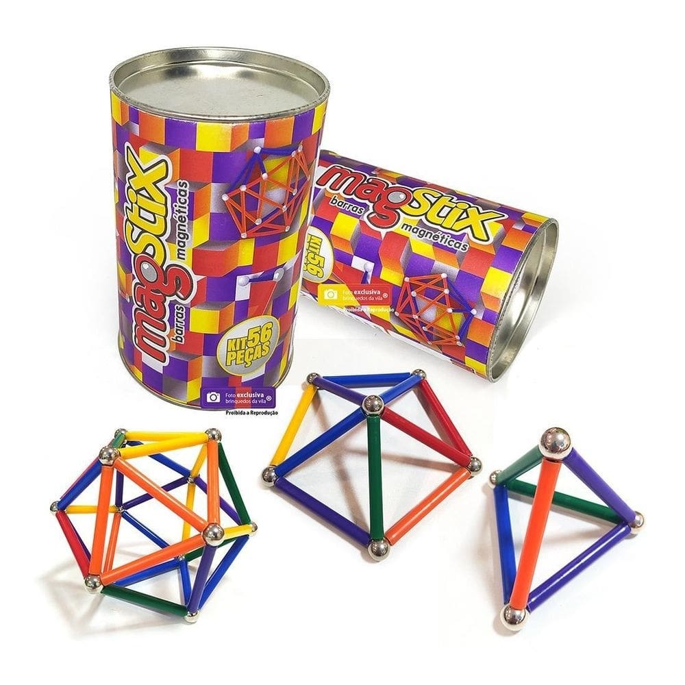 Brinquedo barras magnética magstix kit 56 peças colorido 4+