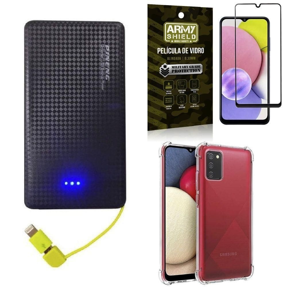 Capa samsung a03s + carregador portátil 5k + película 3d