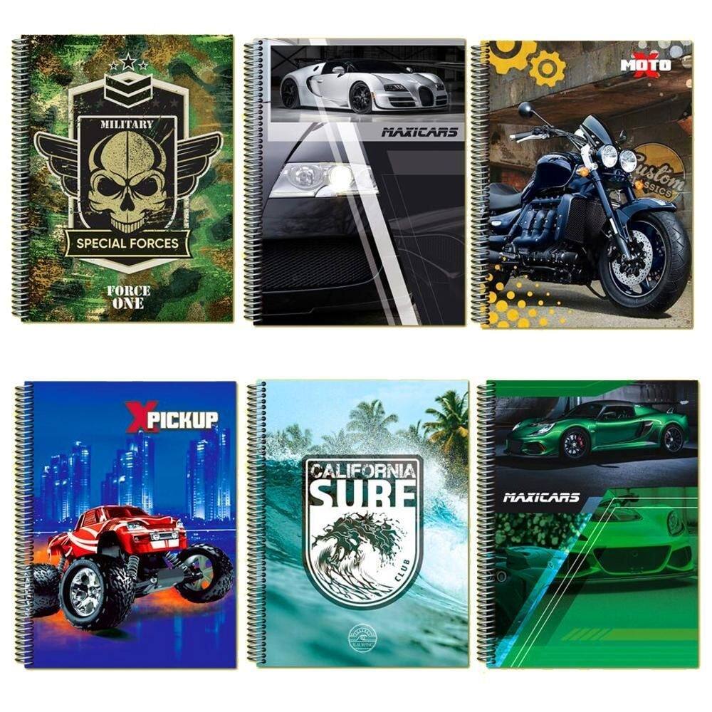 Kit 6 caderno estampa diferente 96 fls reforçado capa dura